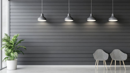 A chic and modern interior scene showcasing a gray wall with pendant lights, a potted plant, and stylish chairs, creating a serene and inviting atmosphere for relaxation or work.の素材
