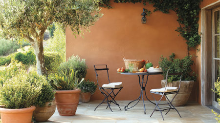 A beautiful outdoor patio scene showcasing a table and chairs surrounded by lush plants and a basket filled with fresh produce, evoking a warm and inviting atmosphere.の素材