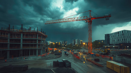 A dramatic view of a construction site with a tower crane under dark storm clouds, showcasing urban development amidst machinery and building materials.の素材