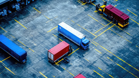 An aerial perspective showcases diverse container trucks parked in a spacious industrial yard, featuring forklifts and colorful cargo to highlight transportation and logistics processes.の素材