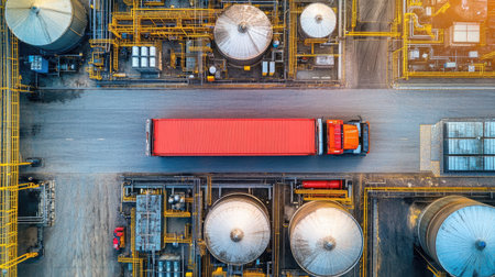 This aerial image showcases a vibrant industrial facility featuring a red truck loading cargo amidst large storage tanks and pipes, illustrating transportation in action.の素材
