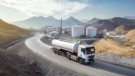 A cargo truck is seen transporting liquid in an industrial landscape with mountains and a clear sky, illustrating the essence of logistics and transportation services in action.の素材