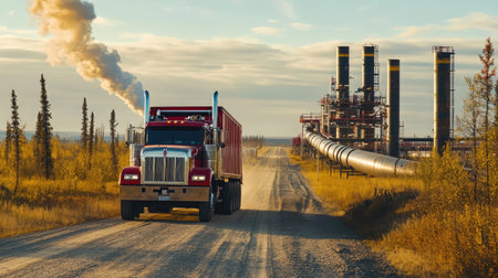 A large red truck is seen driving on a dirt road next to an industrial facility, with smoke billowing from smokestacks against a backdrop of vibrant autumn colors.の素材