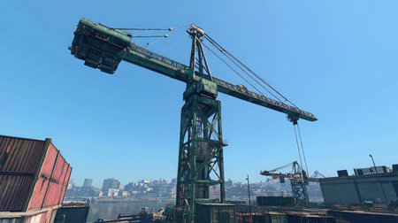 A large industrial crane stands tall above colorful shipping containers in a busy port, illustrating the dynamic nature of construction and trade in modern urban environments.の素材