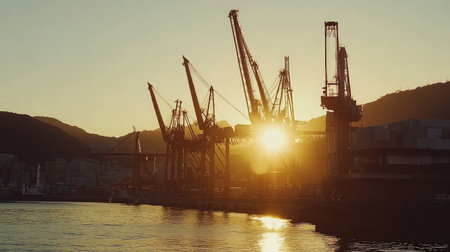 A stunning silhouette of shipping cranes at a port during sunset, showcasing the intersection of industrial activity and beautiful natural scenery.の素材