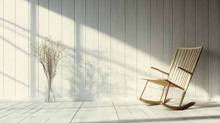 A serene minimalist interior featuring a wooden rocking chair and a vase of dried flowers, perfect for creating a tranquil atmosphere in any modern living space.の素材