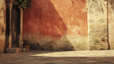 A tranquil scene showcasing a rustic wall and cobblestone pathway in an old town, emphasizing natural textures and light, perfect for backgrounds or travel themes.の素材