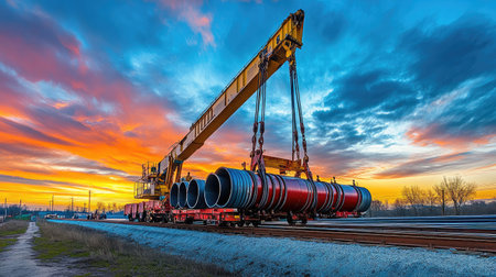 A powerful crane lifts large pipes against a stunning sunset backdrop, showcasing industrial work. The dramatic sky enhances the scene's beauty and complexity.の素材