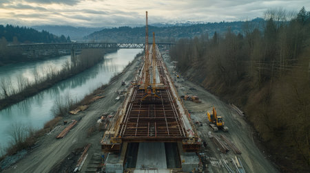 A scenic aerial view of a bridge construction site alongside a river, featuring heavy machinery and a strong structural framework against a dramatic cloudy sky.の素材