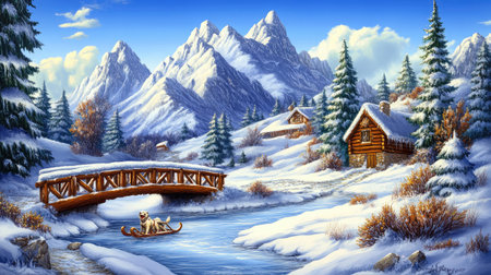 A serene winter scene featuring snow-covered mountains, cozy wooden cabins, and a playful dog sledding along a frozen river, showcasing the beauty of nature in a tranquil setting.の素材