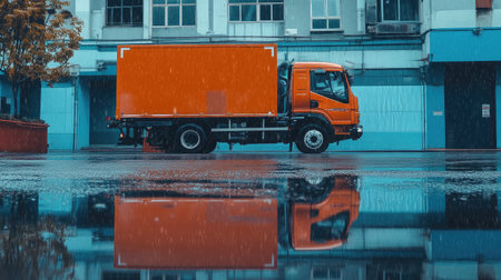 A vivid orange delivery truck stands parked on a rainy urban street, creating stunning reflections in puddles while showcasing the beauty of wet city landscapes.の素材