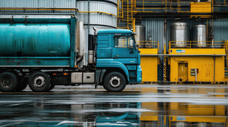 A blue truck parked near a warehouse with reflective wet surfaces, surrounded by industrial storage tanks and vibrant yellow structures, showcasing a busy logistics environment.の素材