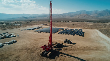 Stunning aerial view featuring a large red crane positioned next to a solar panel installation, showcasing modern energy technology within a breathtaking desert landscape.の素材