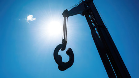 A striking silhouette of a crane hook against a vibrant blue sky, illuminated by sunlight, highlighting themes of construction, strength, and industrial activity.の素材