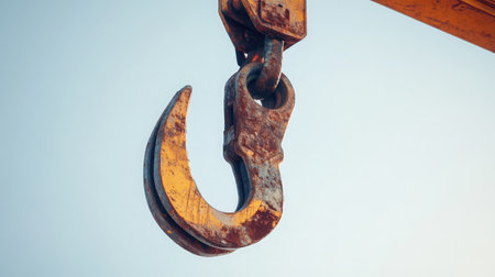 A detailed close-up of a rusty crane hook set against a clear sky, representing strength and safety in industrial construction environments and highlighting the essential lifting equipment.の素材