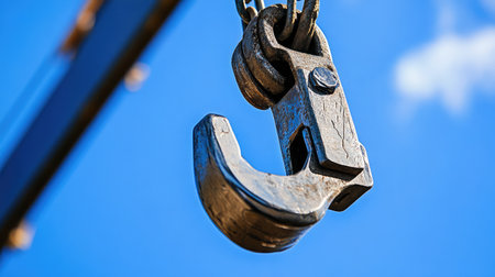 This close-up photograph showcases a sturdy metal hook hanging from a crane, symbolizing industrial strength and the essential tools of construction in a vibrant blue sky.の素材