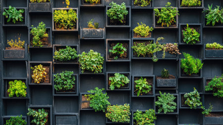 A captivating vertical garden features a variety of lush green plants arranged in black wooden boxes, enhancing indoor spaces with organic beauty and modern style.の素材