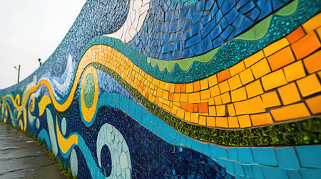 This photograph showcases a stunning mosaic wall art featuring vibrant colors and abstract wave patterns. Ideal for urban and artistic themes.の素材