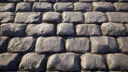 Close-up view of a textured stone wall featuring unique shapes and surfaces, perfect for use in design projects related to architecture, history, or rustic themes.の素材