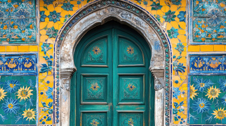 Captivating green wooden door surrounded by intricate floral mosaic tiles in vibrant colors, showcasing rich artistic details and historic architectural style.の素材