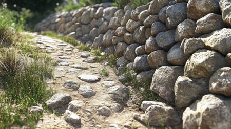 Discover a scenic stone pathway that winds through lush greenery, inviting outdoor lovers to enjoy tranquil walks in a picturesque rural landscape.の素材