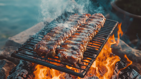 Experience the thrill of grilling juicy meat skewers over an open flame, with smoke curling into the air, perfect for summer picnic gatherings by the water. Enjoy outdoor cooking!の素材