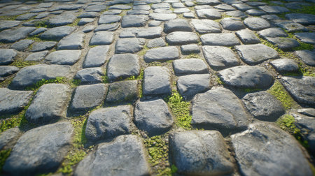 A stunning close-up view of an aged cobblestone path featuring lush green moss growing between the stones, capturing natural beauty and urban elegance in a serene outdoor setting.の素材