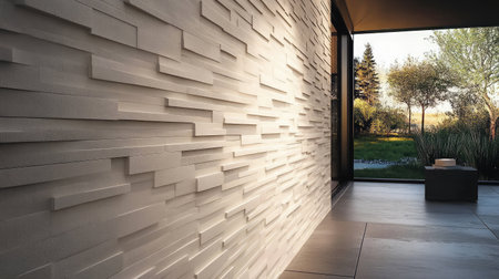 A modern interior design showcases a textured wall illuminated by natural light, with a serene outdoor view featuring green foliage, creating a stylish and inviting atmosphere.の素材