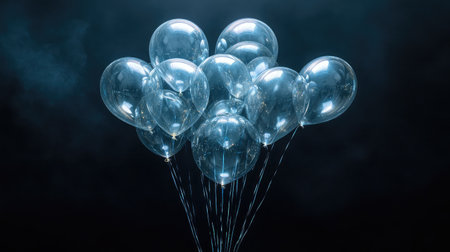 A captivating display of clear balloons floating against a dark background, perfect for celebration themes, party decorations, or artistic visions enhancing any festive mood.の素材