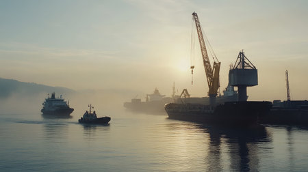 A breathtaking view of the port at dawn with tugboats guiding cargo ships through a misty waterway, showcasing industrial cranes silhouetted against a golden sunrise.の素材