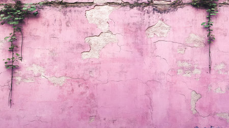This image showcases a weathered pink wall featuring cracked textures and delicate green vines, making it perfect for artistic backgrounds or urban photography projects.の素材