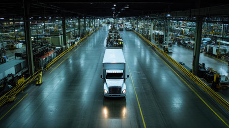 A freight truck navigates through a spacious industrial warehouse filled with organized rows of goods, showcasing the efficiency of modern logistics and transportation systems.の素材
