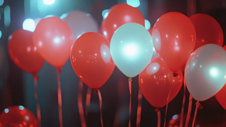 A beautiful arrangement of red and white balloons illuminated by soft lights, creating a lively and festive ambiance perfect for parties and celebrations in a nighttime setting.の素材
