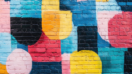 This vibrant abstract mural showcases a variety of colorful geometric shapes, ideal for artistic backgrounds or modern decor, adding a playful touch to any space.の素材