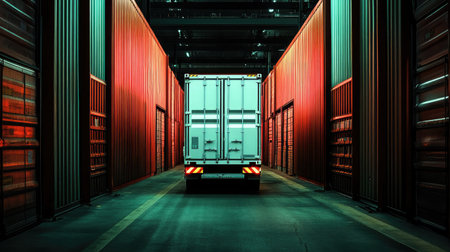 A striking view of a truck parked in a modern warehouse, flanked by brightly colored container walls, creating a vibrant and efficient industrial atmosphere.の素材