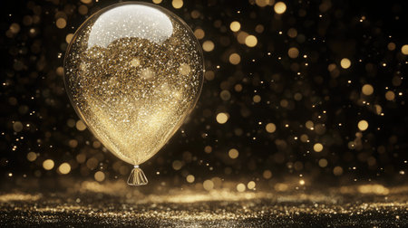 A stunning gold balloon floats against a backdrop of shimmering glitter and soft bokeh lights, perfect for evoking a sense of celebration and joy in any festive event.の素材