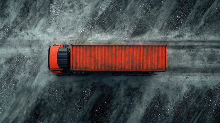 A striking aerial view captures a red freight truck navigating a gravel road, showcasing the dynamic journey of transportation amidst a natural landscape.の素材