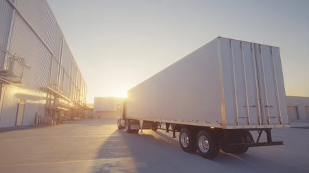 A semi-truck is parked near a large warehouse during sunset, casting long shadows and enhancing the industrial atmosphere of the transportation sector.の素材