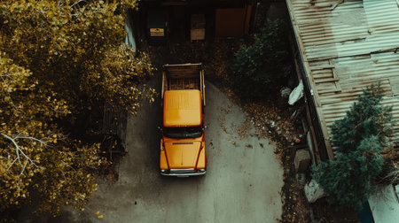 A vibrant orange vintage truck is parked in an abandoned industrial area, surrounded by autumn leaves and greenery, offering a unique blend of nature and urban decay.の素材