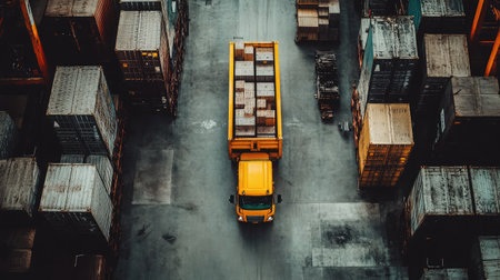 This image captures a bright yellow dump truck transporting cargo in a freight yard, surrounded by shipping containers, highlighting industrial transportation and logistics in action.の素材