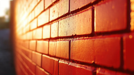 A captivating close-up shot of a red brick wall illuminated by warm sunlight, showcasing the texture and natural sheen of the wet surface, perfect for backgrounds or urban themes.の素材