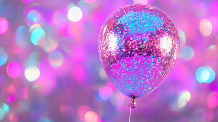 A beautiful pink glitter balloon stands out against a shimmering bokeh background, perfect for adding a festive touch to any celebration or party atmosphere.の素材