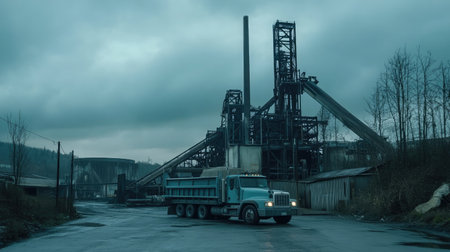 A solitary truck is parked in front of an abandoned industrial site featuring heavy machinery and structures under a moody, overcast sky, highlighting themes of neglect and desolation.の素材