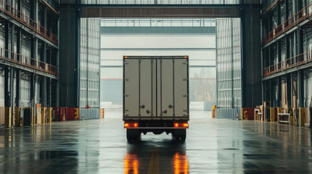 A delivery truck is seen entering a large, industrial warehouse, showcasing the efficiency of logistics operations with reflective floors and spacious interiors.の素材