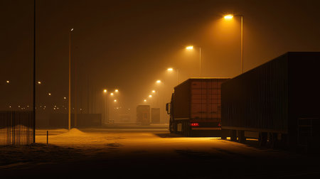A tranquil nighttime scene of a truck yard enveloped in fog, featuring illuminated pathways and parked vehicles, showcasing the serene beauty of industrial spaces.の素材
