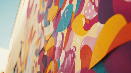 A close-up view of a vibrant abstract mural showcasing colorful shapes and patterns, perfect for urban art themes and creative backgrounds. Ideal for brightening any project.の素材