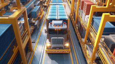 This aerial image captures a vibrant scene of a container truck maneuvering through a busy shipping yard filled with colorful shipping containers and industrial equipment.の素材