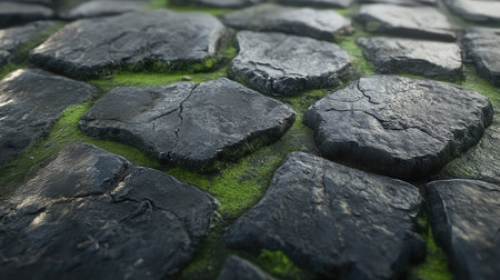 A close-up view of a cobblestone pathway featuring textured stones interspersed with vibrant green moss, perfect for nature-inspired designs and tranquil settings.の素材