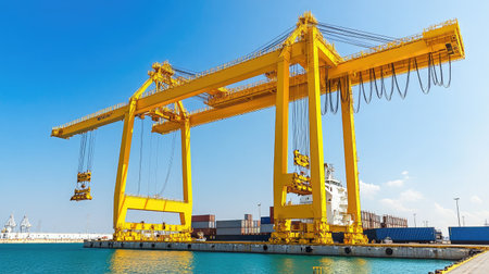This image features a striking yellow crane at a shipping port, surrounded by containers, illustrating industrial activity and modern transportation in a clear blue sky.の素材