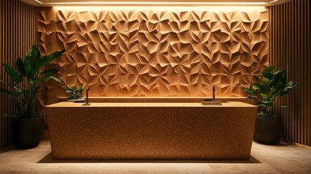 Modern reception area with an artistic textured wall, sleek counter, and stylish greenery. A perfect blend of elegance and comfort in contemporary interior design.の素材